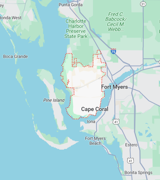 Map of Cape Coral, Florida, with surrounding areas - Service Map for SafeWell