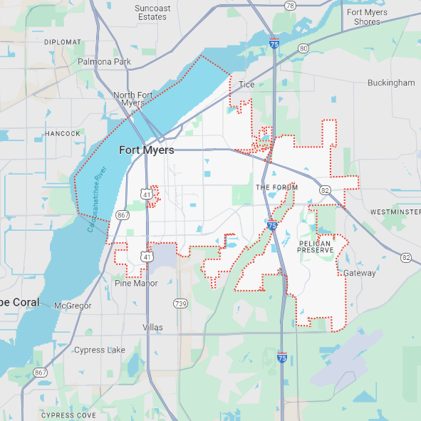Map showing Fort Myers geographic boundaries in Florida.